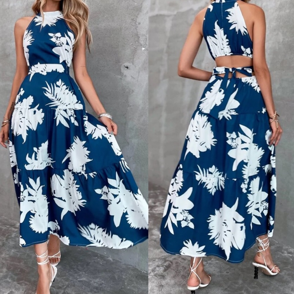 Boho floral plants cutout back ruffle hem dress - Picture 1 of 10